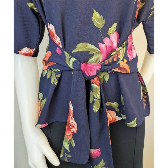 West Kei Floral Blouse Medium P Navy Pink Orange Green Tie Waist Half Sleeve - Picture 3 of 12